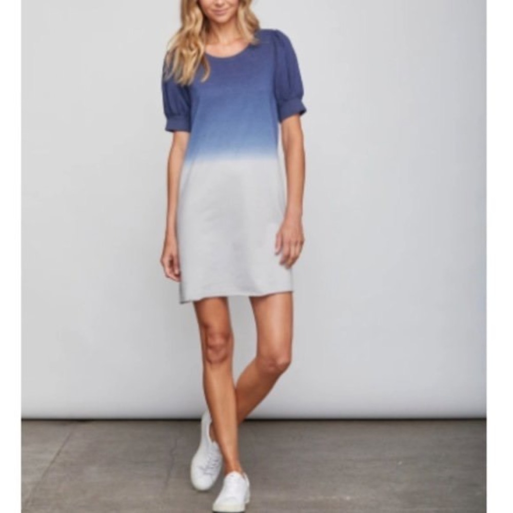 Sundays Ombre Dip Dye Puff Sleeve T-Shirt Dress Blue Grey Size 3 L Large